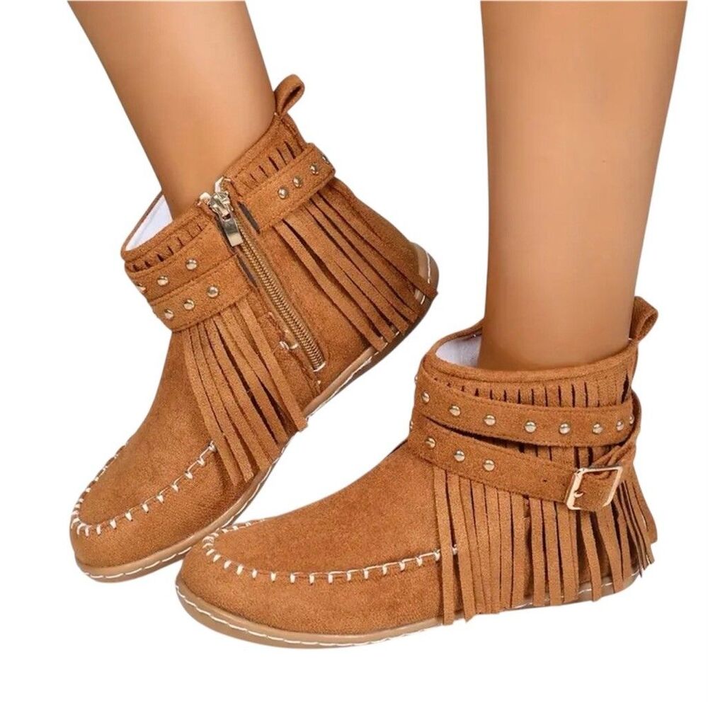Suede Ankle Booties with Fringe and Side Zipper